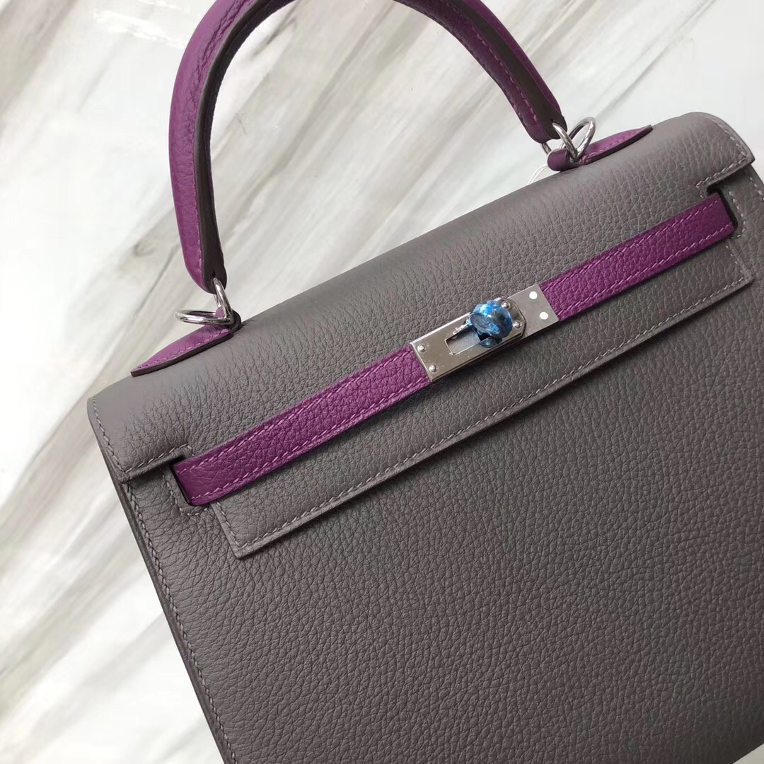 Hermes Kelly 25 Togo雙拼色外縫8F錫器灰Etain/P9海葵紫Anemone