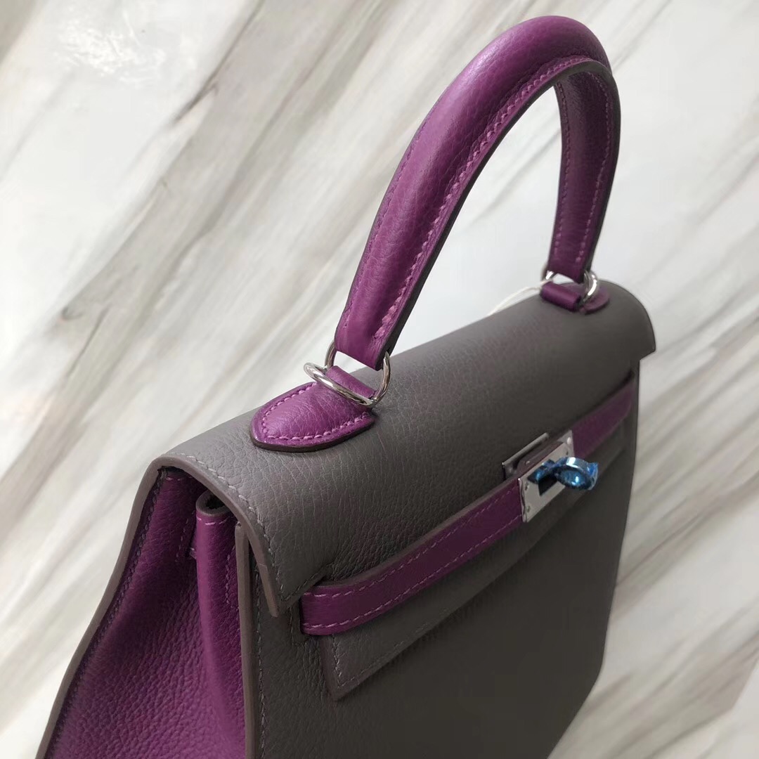 Hermes Kelly 25 Togo雙拼色外縫8F錫器灰Etain/P9海葵紫Anemone