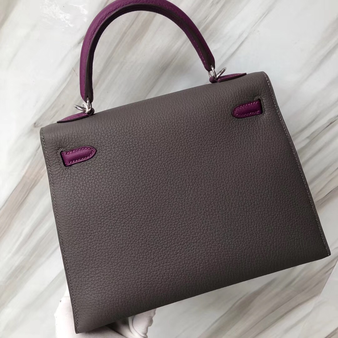 Hermes Kelly 25 Togo雙拼色外縫8F錫器灰Etain/P9海葵紫Anemone