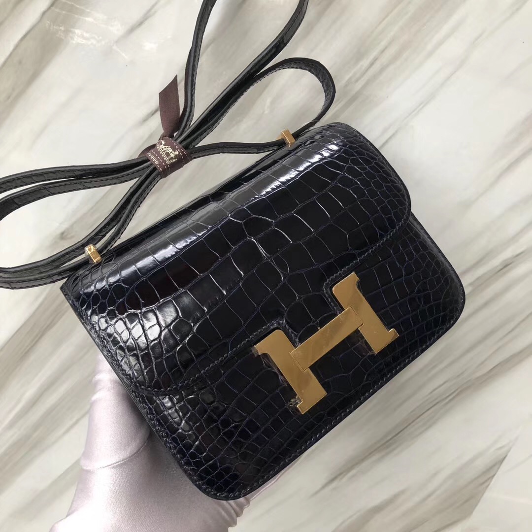 Hermes Constance 19cm CK73 Blue sapphire 寶石藍 亮面方塊 美洲鱷