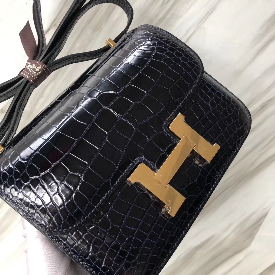 Hermes Constance 19cm CK73 Blue sapphire 寶石藍 亮面方塊 美洲鱷