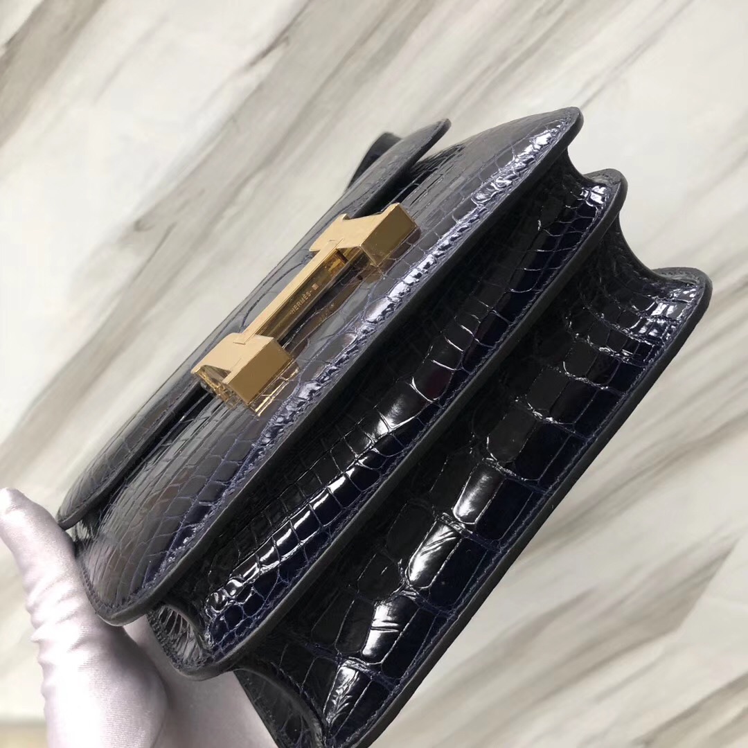 Hermes Constance 19cm CK73 Blue sapphire 寶石藍 亮面方塊 美洲鱷