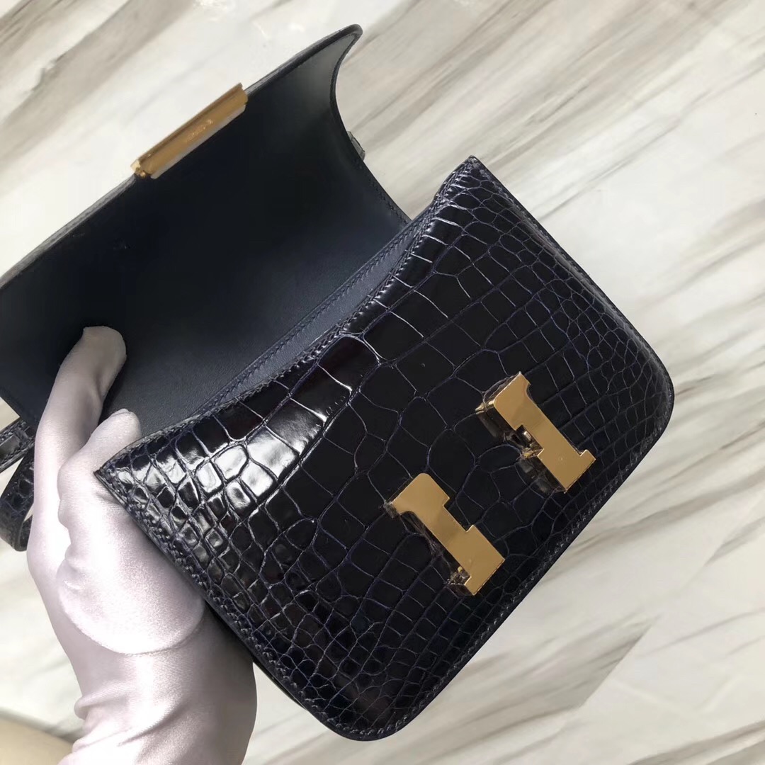 Hermes Constance 19cm CK73 Blue sapphire 寶石藍 亮面方塊 美洲鱷