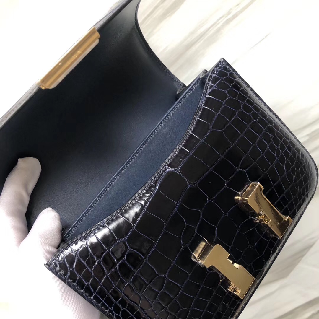 Hermes Constance 19cm CK73 Blue sapphire 寶石藍 亮面方塊 美洲鱷