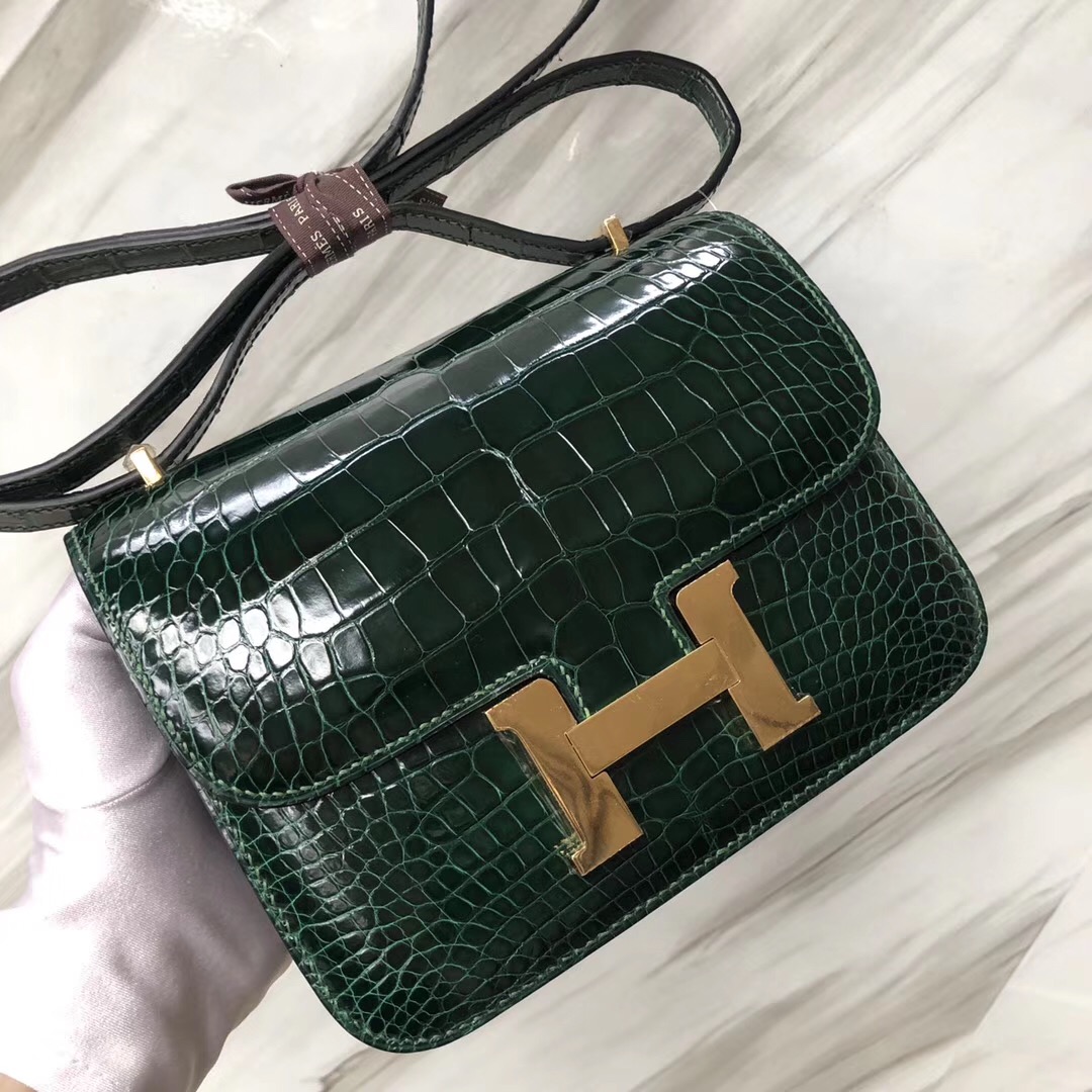 Hermes Constance 19cm CK67祖母綠 Vert Fonce 亮面方塊 美洲鱷魚