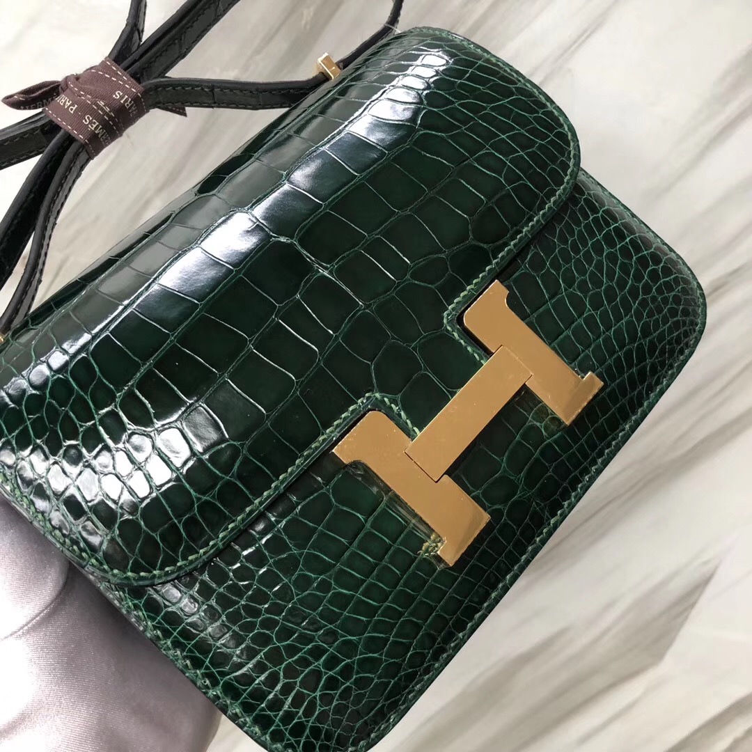 Hermes Constance 19cm CK67祖母綠 Vert Fonce 亮面方塊 美洲鱷魚