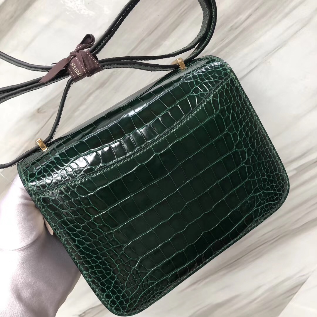 Hermes Constance 19cm CK67祖母綠 Vert Fonce 亮面方塊 美洲鱷魚