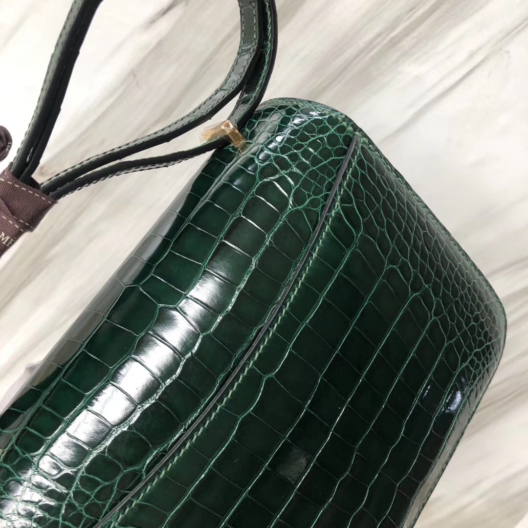 Hermes Constance 19cm CK67祖母綠 Vert Fonce 亮面方塊 美洲鱷魚