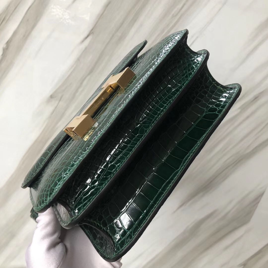 Hermes Constance 19cm CK67祖母綠 Vert Fonce 亮面方塊 美洲鱷魚