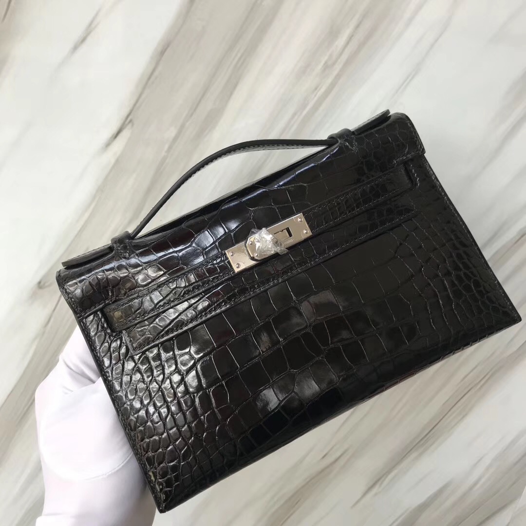 Hermes MiniKelly pochette美洲鳄鱼 Shiny alligator crocodile CK89黑色 Noir