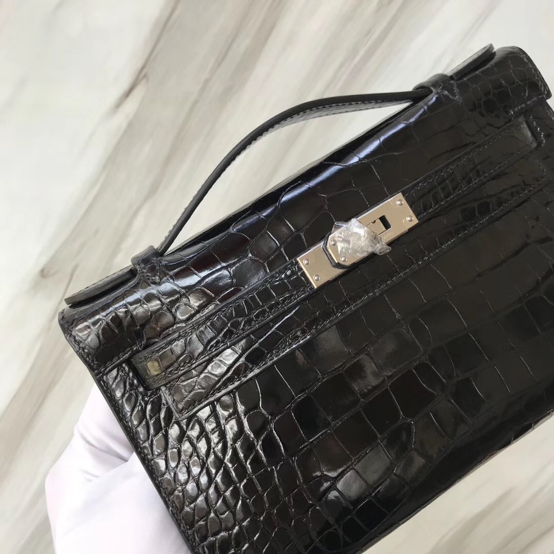 Hermes MiniKelly pochette美洲鳄鱼 Shiny alligator crocodile CK89黑色 Noir