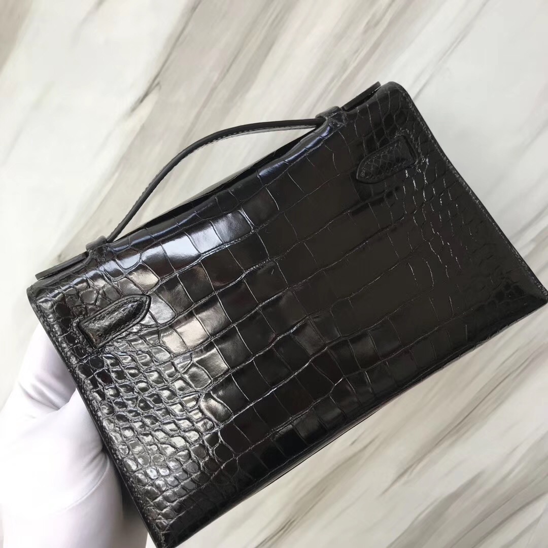 Hermes MiniKelly pochette美洲鳄鱼 Shiny alligator crocodile CK89黑色 Noir