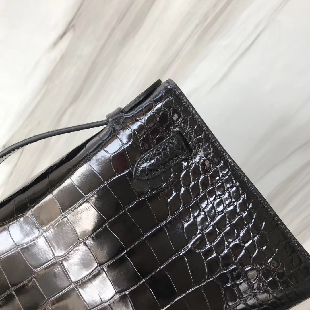 Hermes MiniKelly pochette美洲鳄鱼 Shiny alligator crocodile CK89黑色 Noir