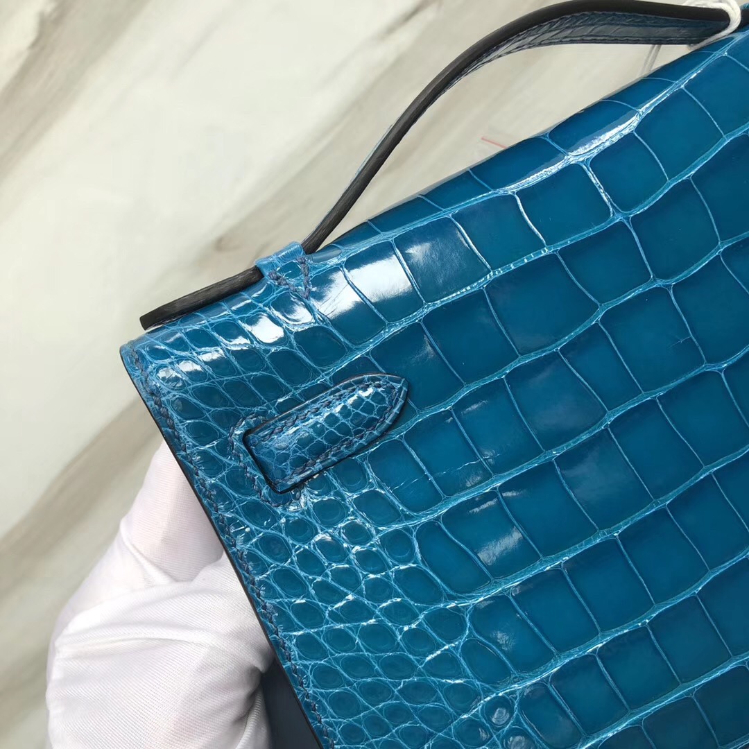 Hong Kong Hermès MiniKelly 22cm 亮面方塊 美洲鱷魚7W伊茲密爾藍 金扣