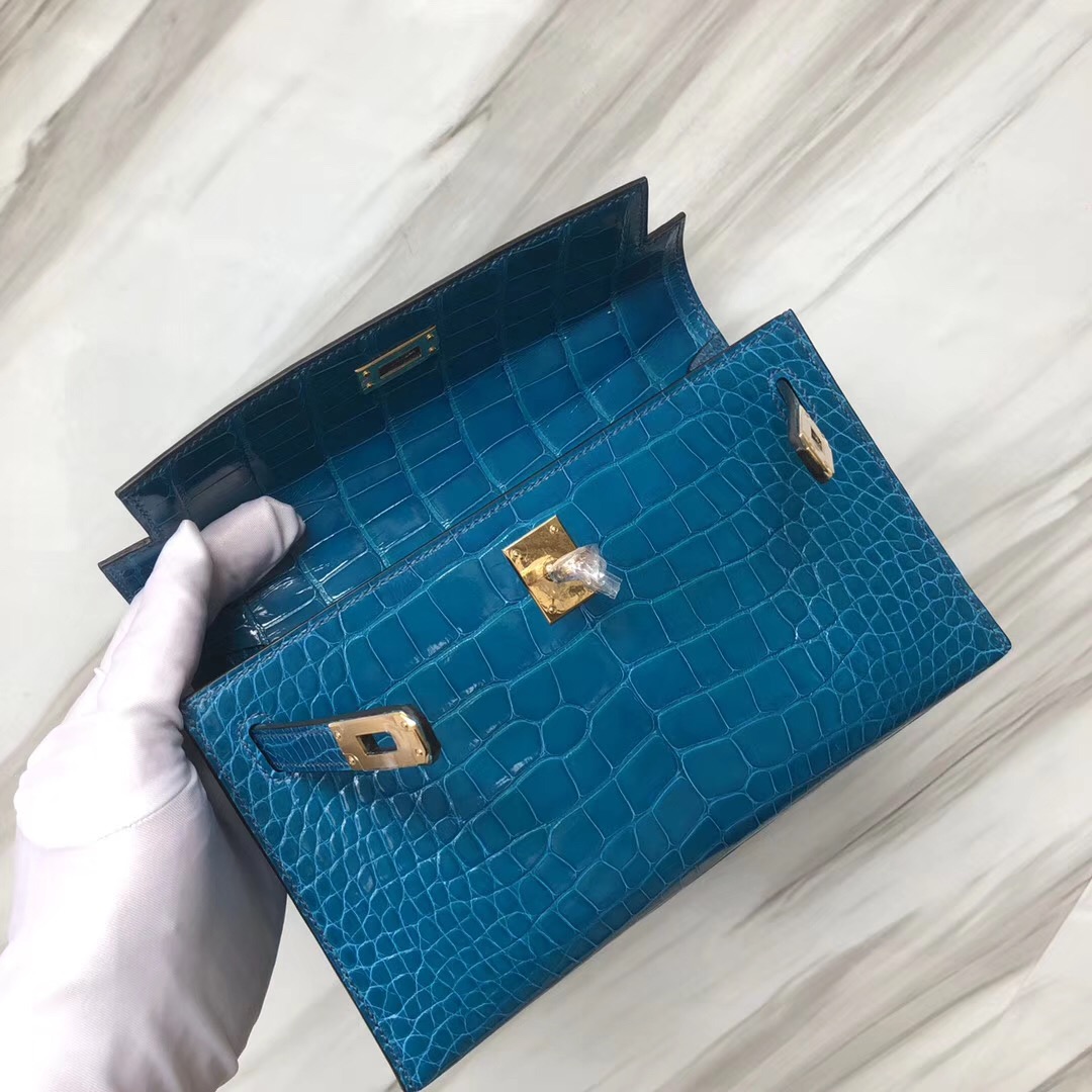 Hong Kong Hermès MiniKelly 22cm 亮面方塊 美洲鱷魚7W伊茲密爾藍 金扣