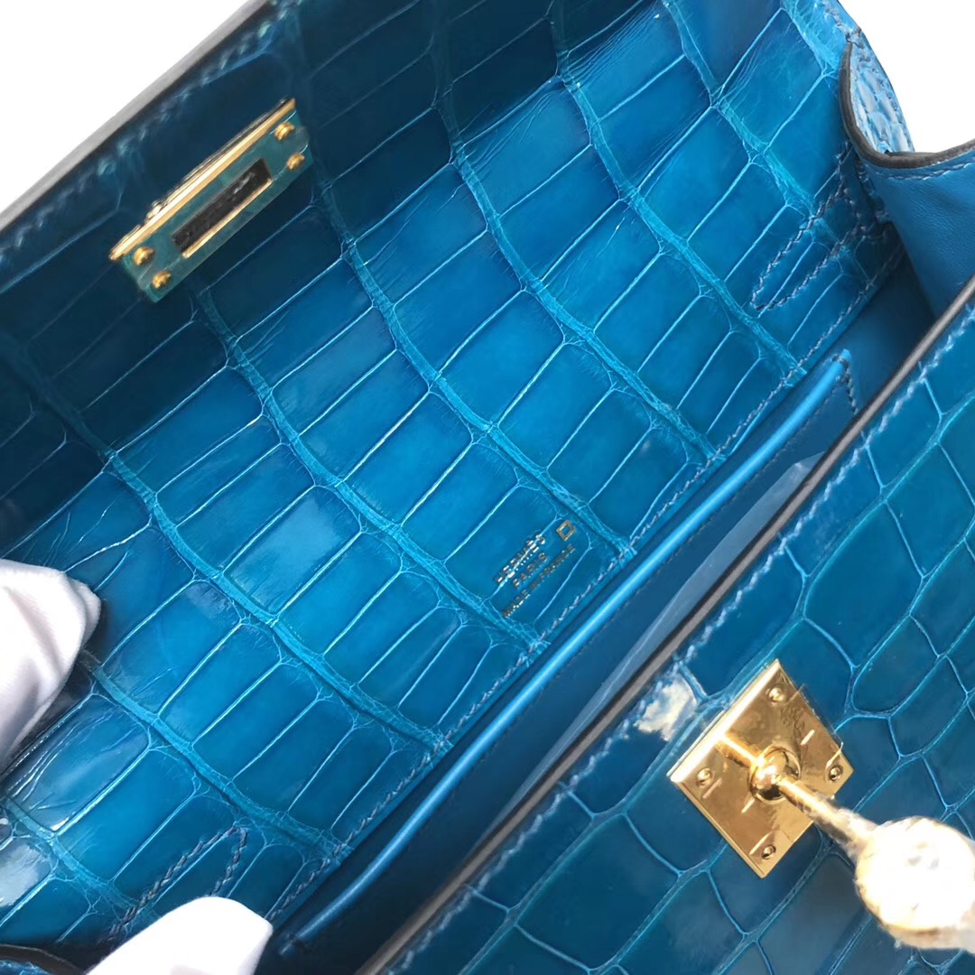 Hong Kong Hermès MiniKelly 22cm 亮面方塊 美洲鱷魚7W伊茲密爾藍 金扣