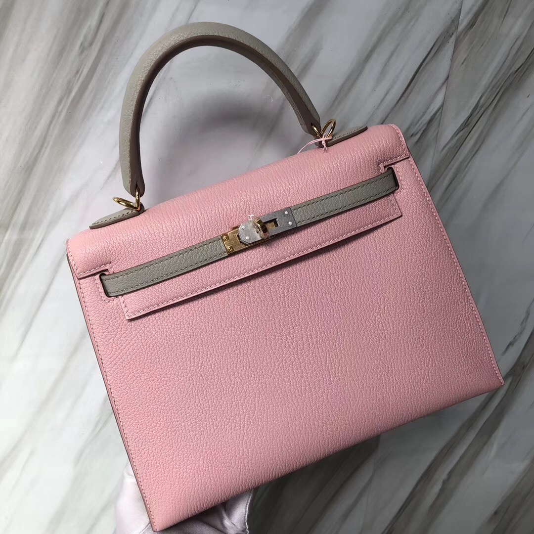 Singapore Hermès Kelly 25cm Chevre山羊皮 1Q奶昔粉 拼 CK80珍珠灰