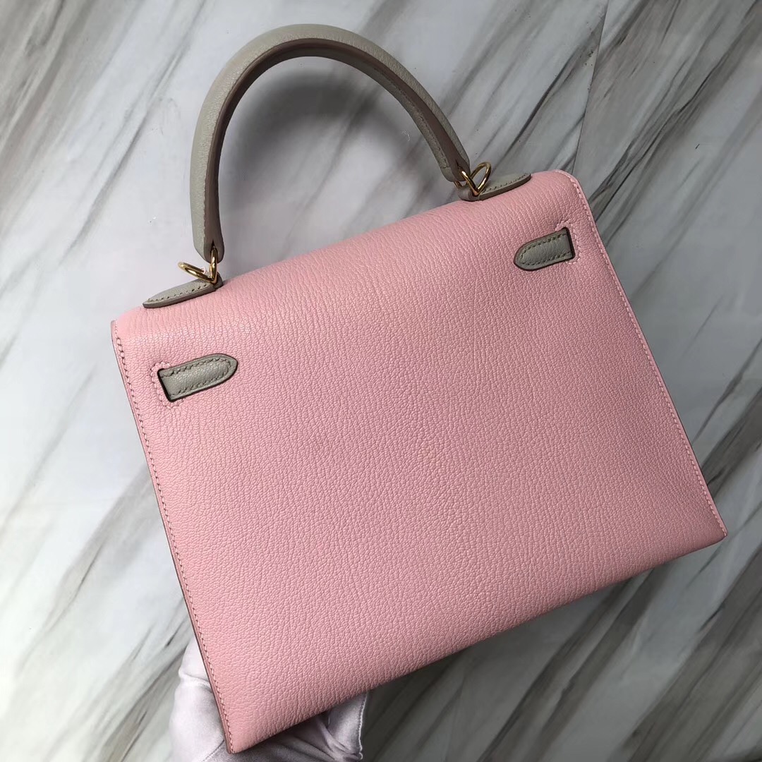 Singapore Hermès Kelly 25cm Chevre山羊皮 1Q奶昔粉 拼 CK80珍珠灰