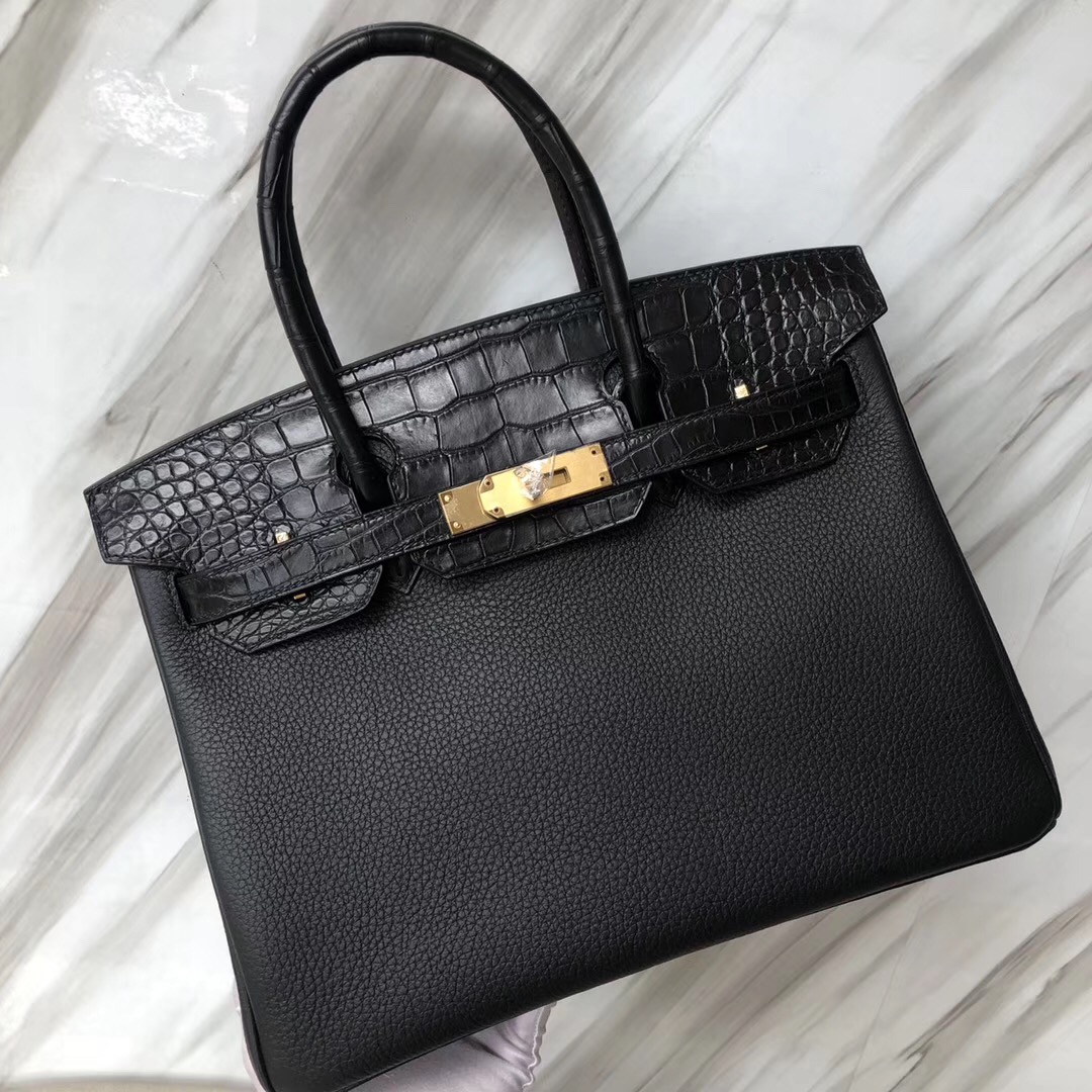 U.S.A Hermès Birkin 30cm Touch Togo拼霧面方塊鱷魚 CK89黑色 金扣