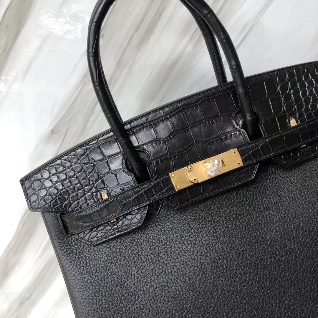 U.S.A Hermès Birkin 30cm Touch Togo拼霧面方塊鱷魚 CK89黑色 金扣