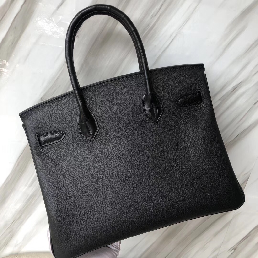 U.S.A Hermès Birkin 30cm Touch Togo拼霧面方塊鱷魚 CK89黑色 金扣