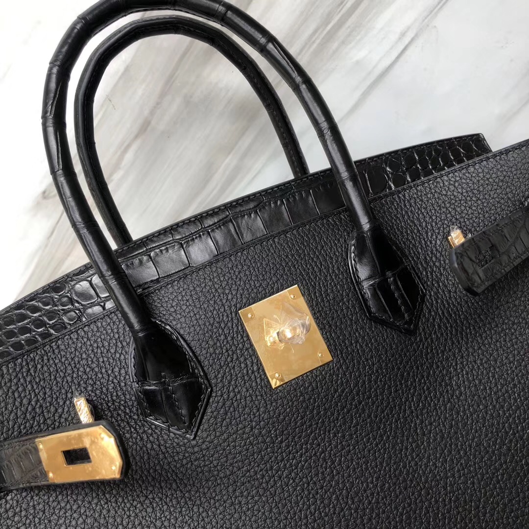 U.S.A Hermès Birkin 30cm Touch Togo拼霧面方塊鱷魚 CK89黑色 金扣