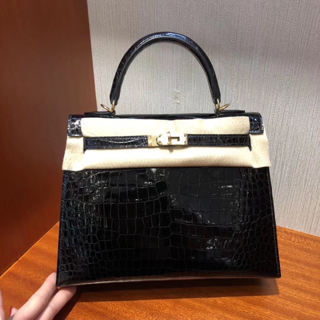 Singapore Hermès Kelly 25cm HCP Shiny porosus crocodile CK89黑色 金扣