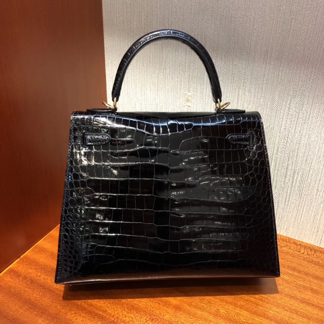 Singapore Hermès Kelly 25cm HCP Shiny porosus crocodile CK89黑色 金扣