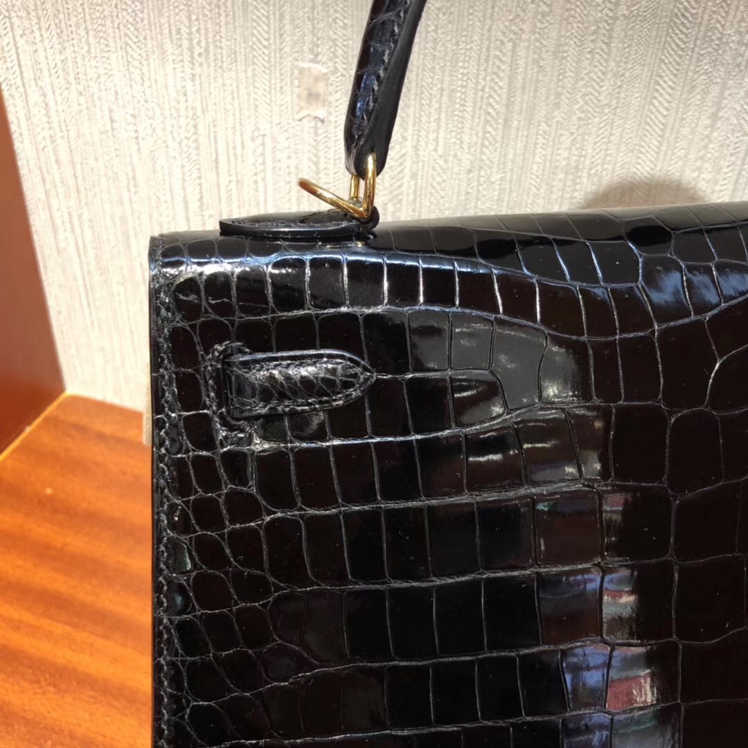 Singapore Hermès Kelly 25cm HCP Shiny porosus crocodile CK89黑色 金扣