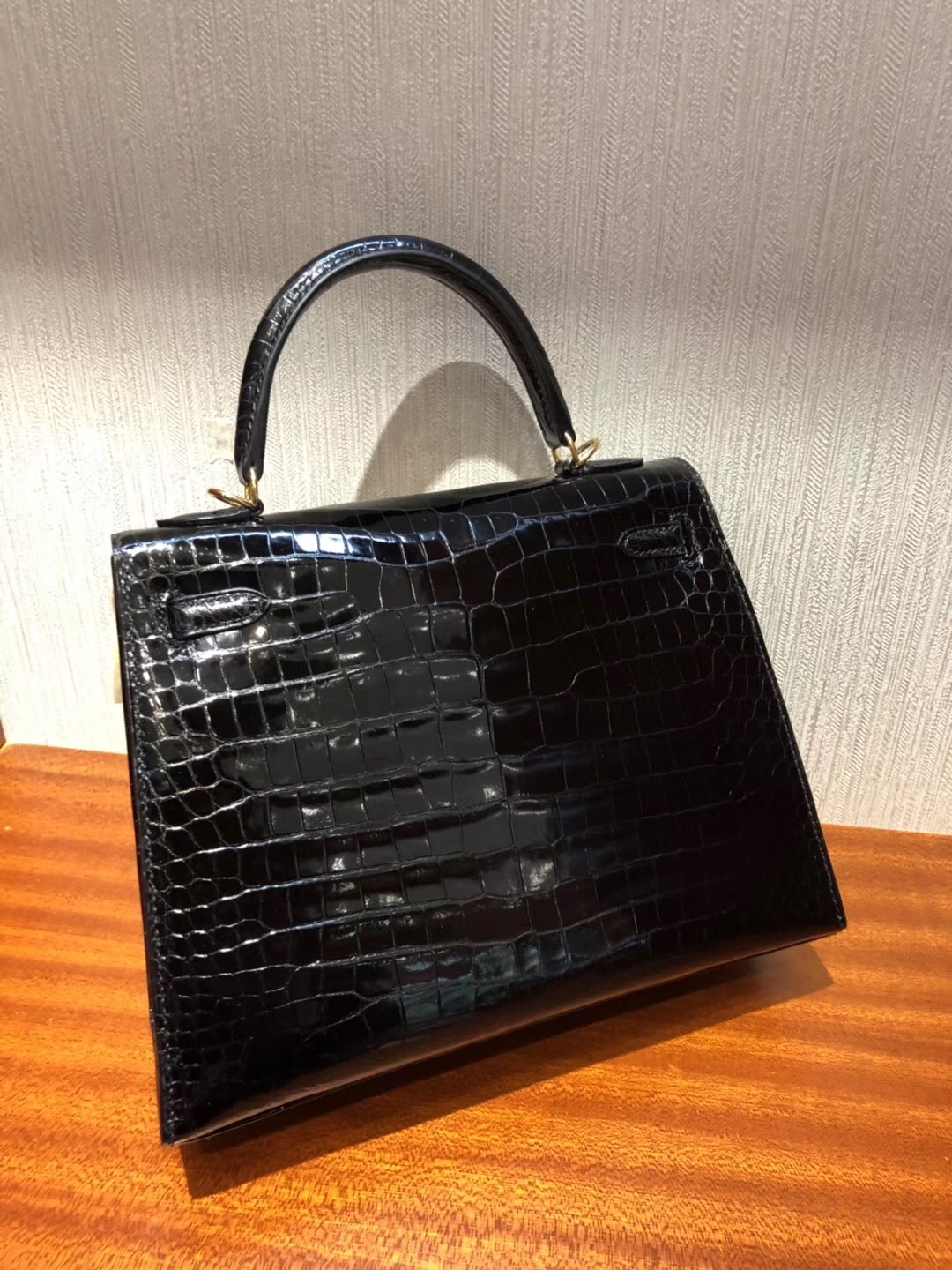 Singapore Hermès Kelly 25cm HCP Shiny porosus crocodile CK89黑色 金扣