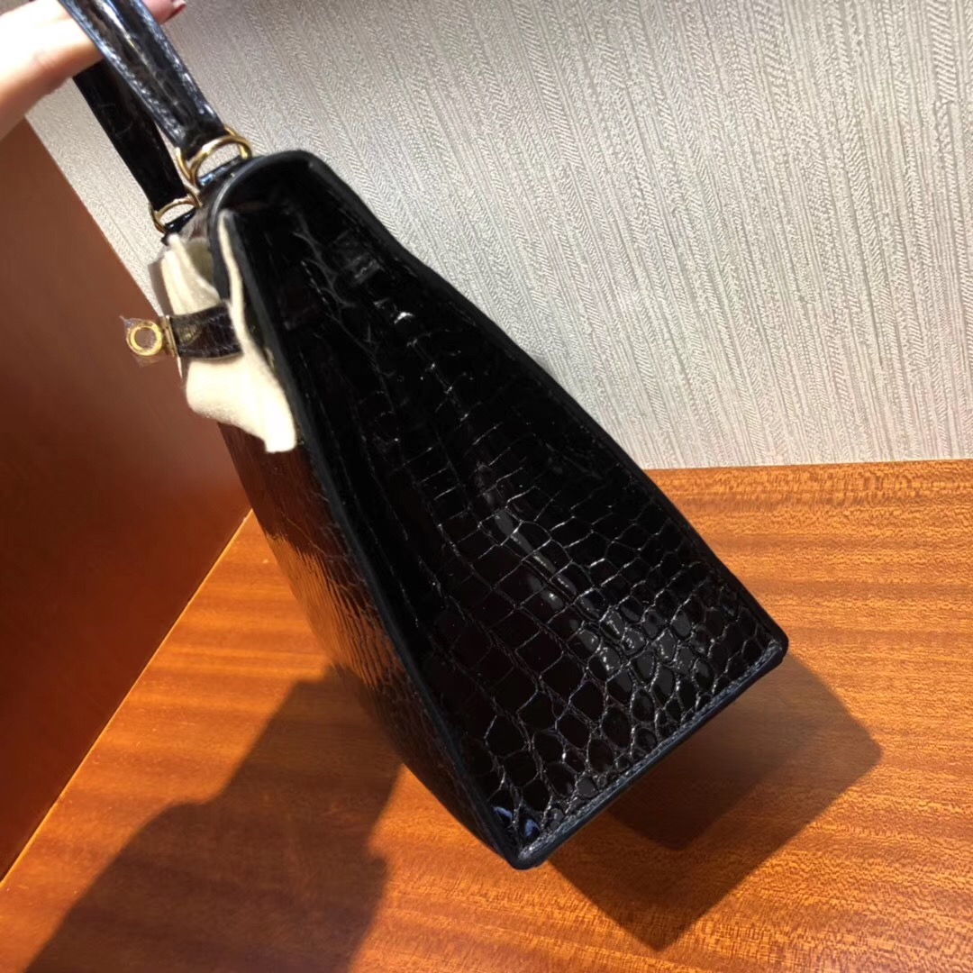 Singapore Hermès Kelly 25cm HCP Shiny porosus crocodile CK89黑色 金扣