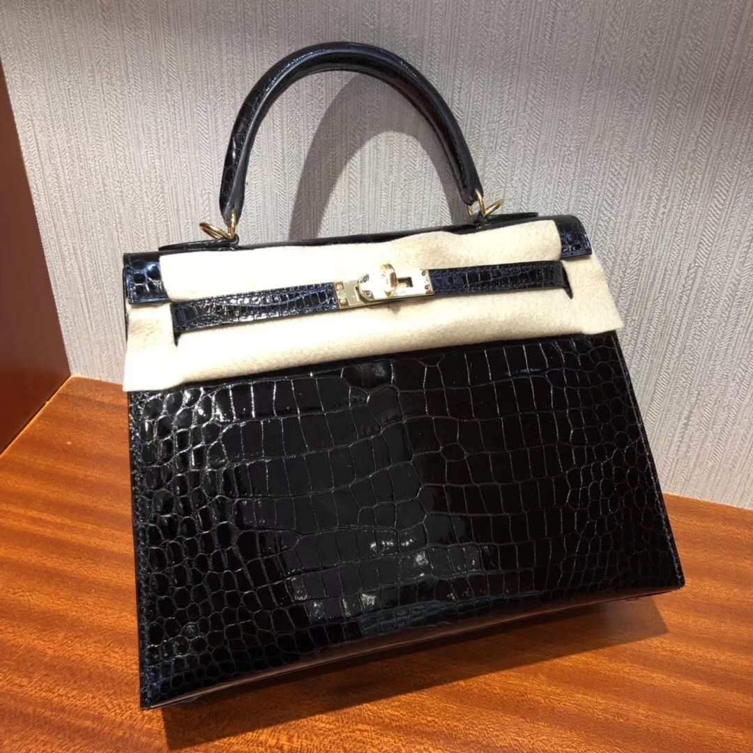 Singapore Hermès Kelly 25cm HCP Shiny porosus crocodile CK89黑色 金扣