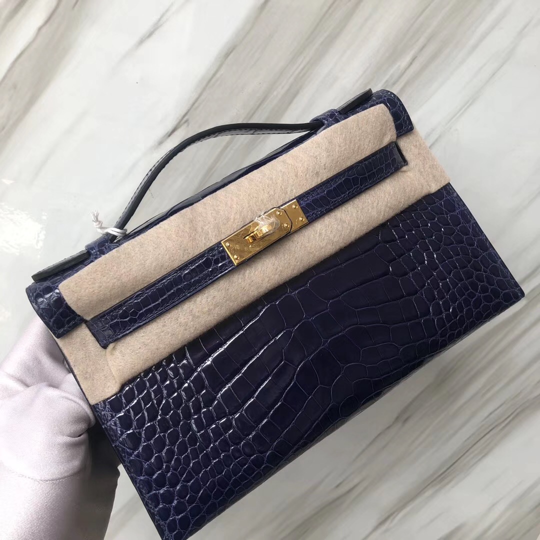 Canada Hermès MiniKelly pochette 亮面方塊美洲鱷魚 M3墨水藍 Blue Encre金扣