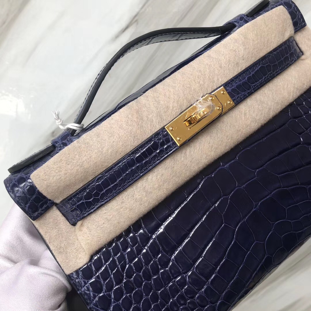 Canada Hermès MiniKelly pochette 亮面方塊美洲鱷魚 M3墨水藍 Blue Encre金扣