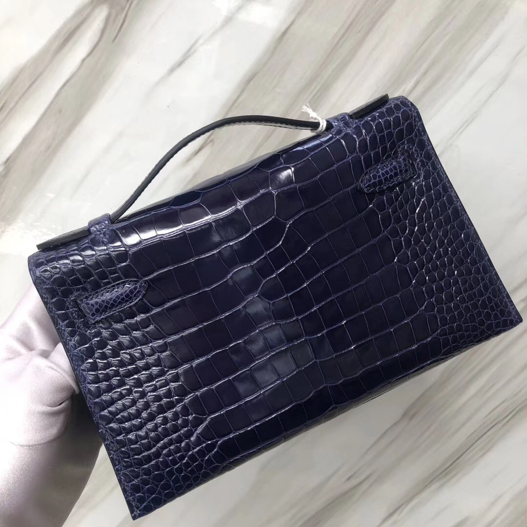 Canada Hermès MiniKelly pochette 亮面方塊美洲鱷魚 M3墨水藍 Blue Encre金扣