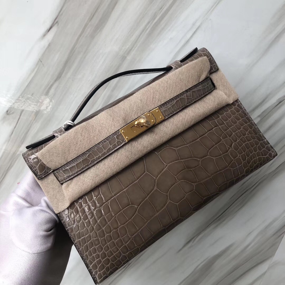 Hermès MiniKelly pochette亮面方塊美洲鱷 CK81斑鳩灰 Gris Tourterelle