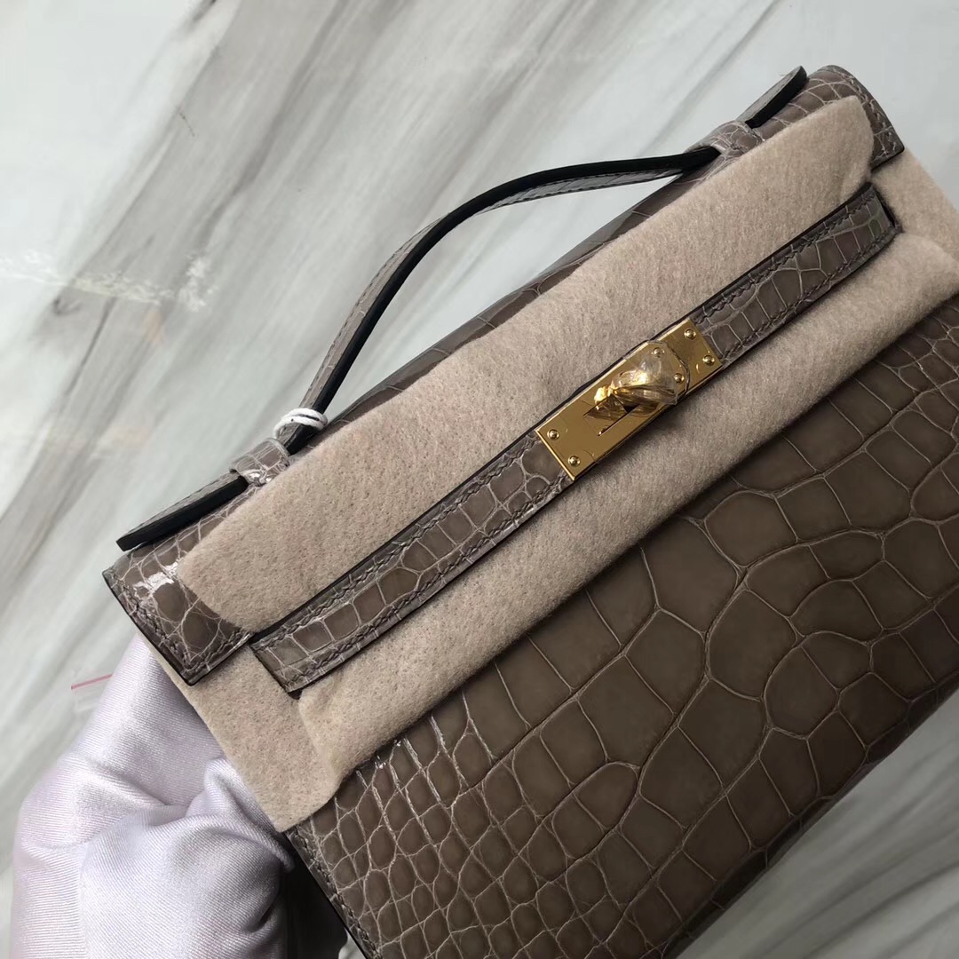 Hermès MiniKelly pochette亮面方塊美洲鱷 CK81斑鳩灰 Gris Tourterelle