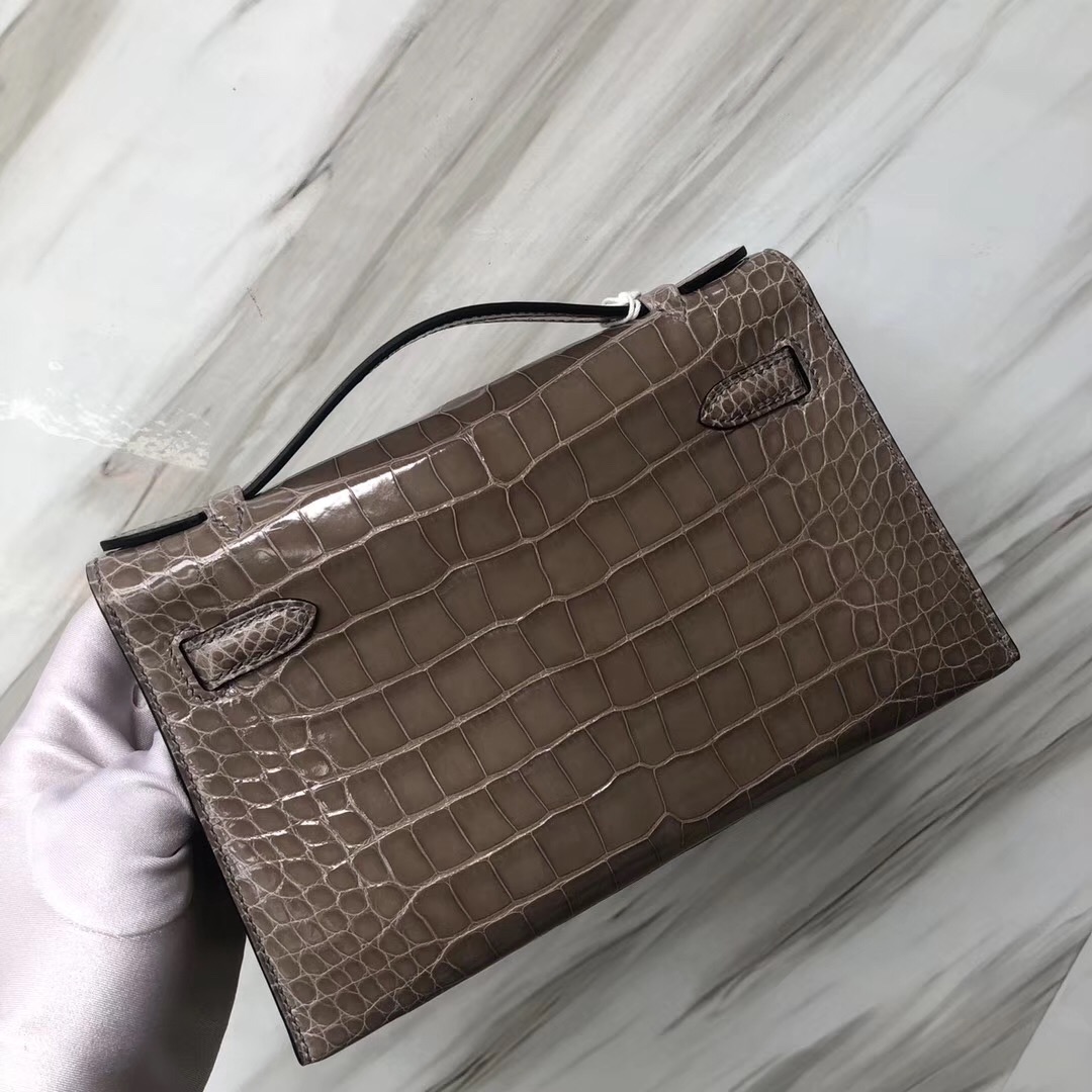 Hermès MiniKelly pochette亮面方塊美洲鱷 CK81斑鳩灰 Gris Tourterelle