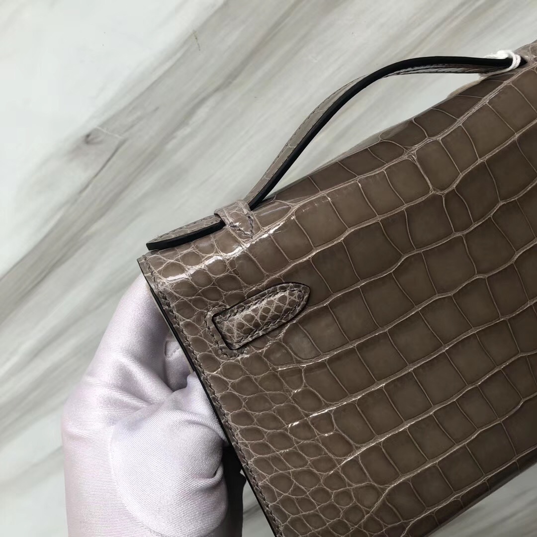 Hermès MiniKelly pochette亮面方塊美洲鱷 CK81斑鳩灰 Gris Tourterelle