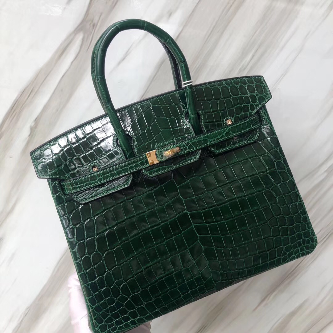 Hermes Birkin Bag 25cm 亮面兩點 尼羅鱷魚 CK67祖母綠 Vert Fonce 金扣