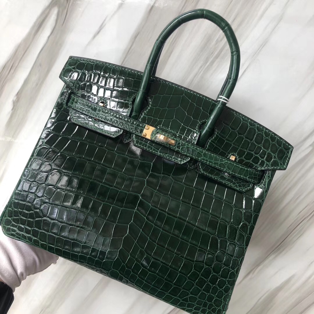 Hermes Birkin Bag 25cm 亮面兩點 尼羅鱷魚 CK67祖母綠 Vert Fonce 金扣