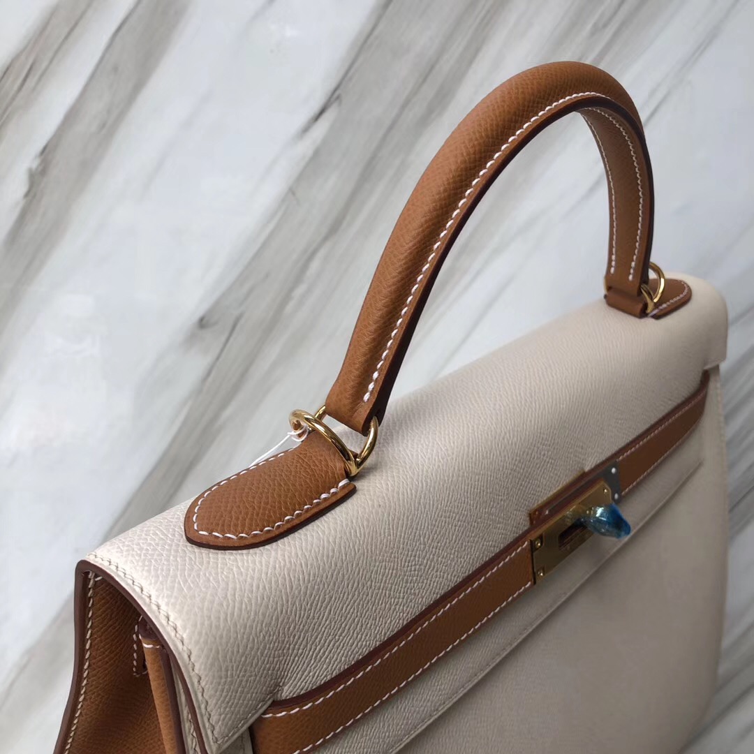 愛馬仕外縫凱莉包 Hermes Kelly Bag 32cm Epsom CK10奶昔白/CK37金棕色