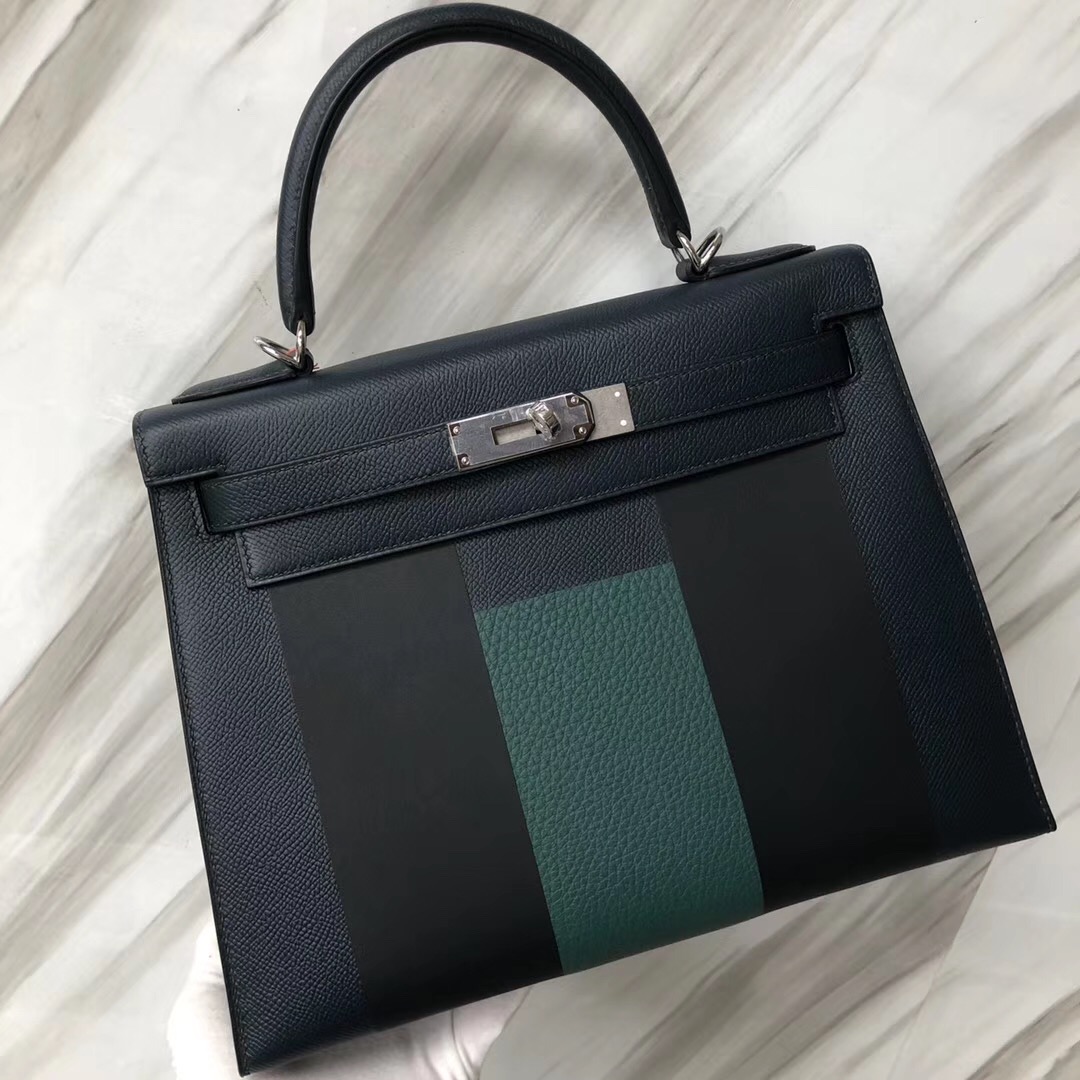 Hermes Kelly Bag 28 Epsom字母包H 松柏綠/午夜藍/孔雀綠拼i7琉璃藍