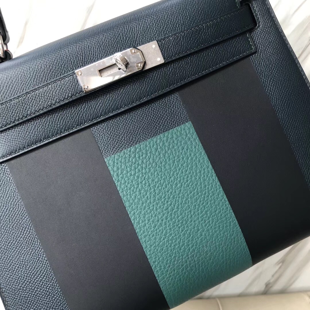 Hermes Kelly Bag 28 Epsom字母包H 松柏綠/午夜藍/孔雀綠拼i7琉璃藍