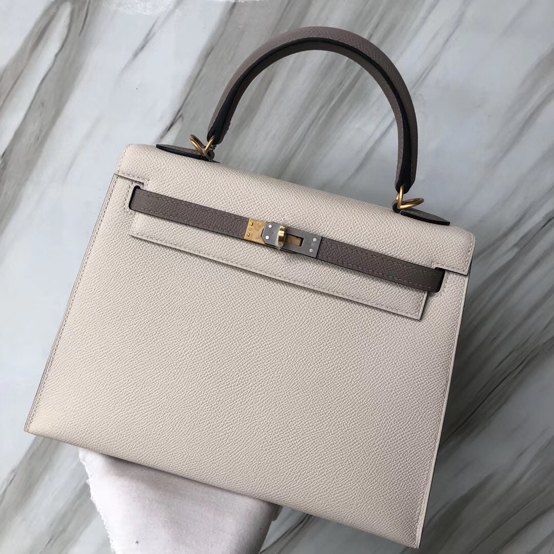 Hermes Kelly Bag 25 Epsom CK10 Craie奶昔白/M8 Gris Asphalte瀝青灰