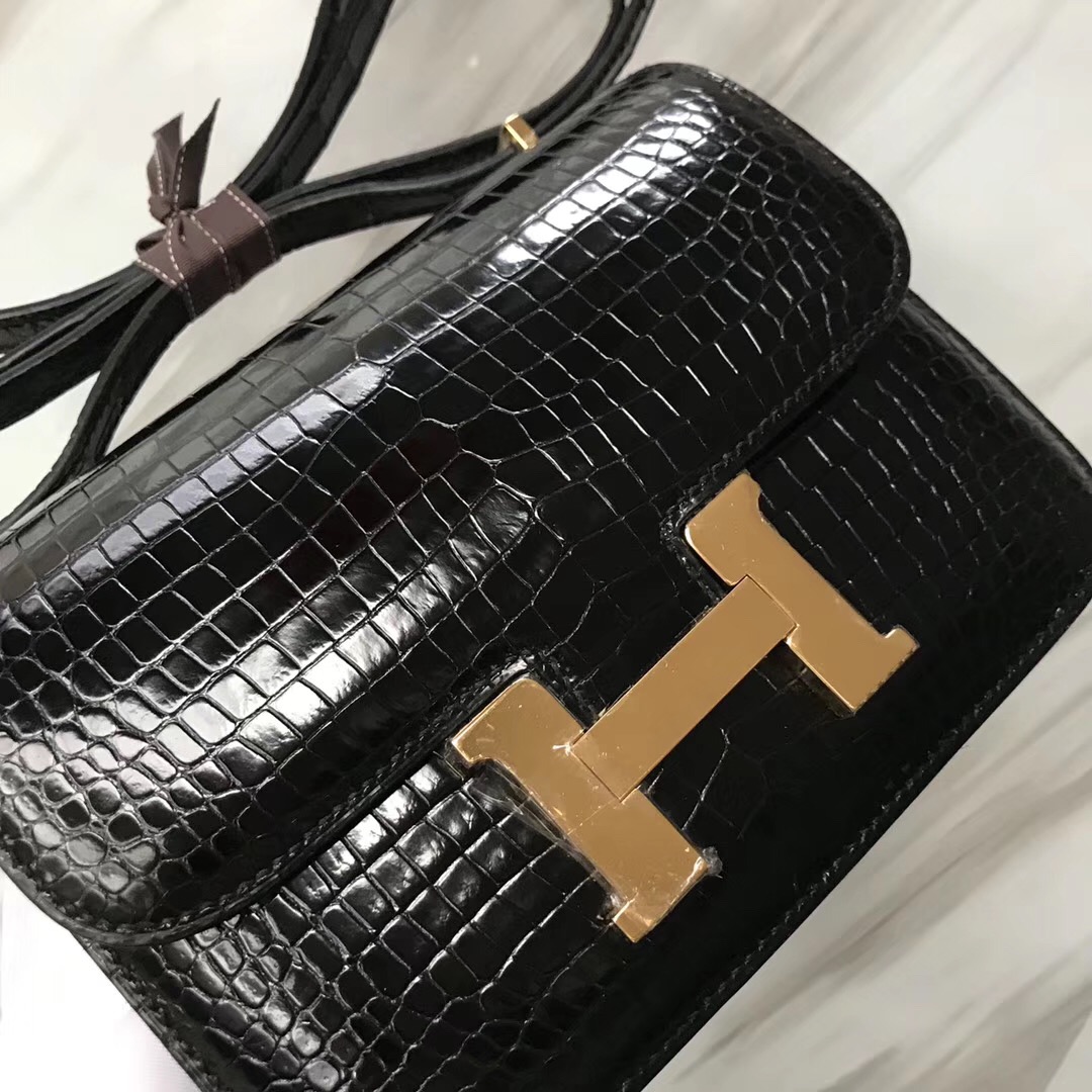 Hermes Constance 19 CK89黑色Noir HCP亮面倒V灣鱷 Shiny porosus crocodile