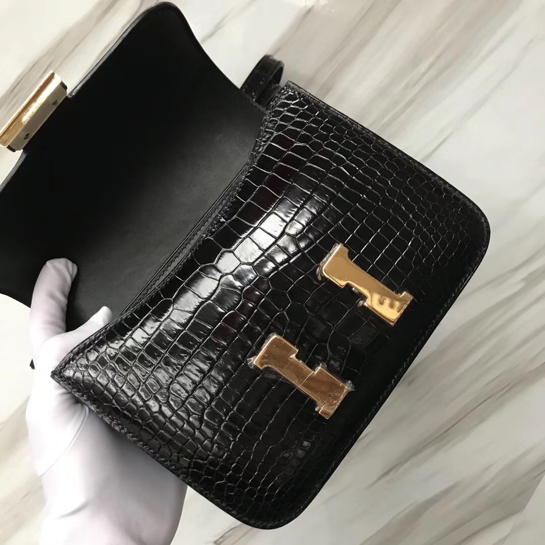 Hermes Constance 19 CK89黑色Noir HCP亮面倒V灣鱷 Shiny porosus crocodile