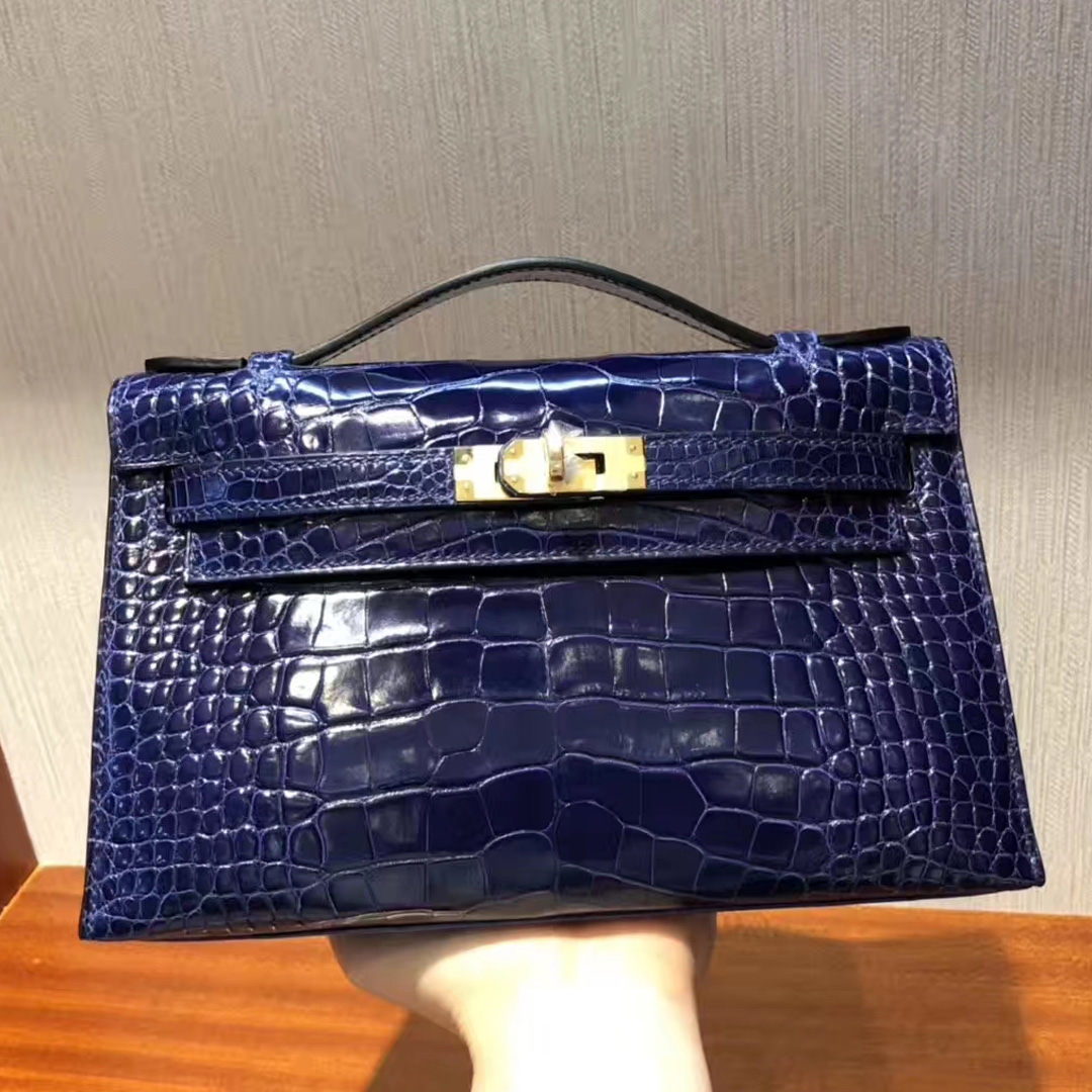 Hong Kong Hermes Minikelly Pochette M3墨水蓝Blue Encre 亮面方块 美洲鳄鱼