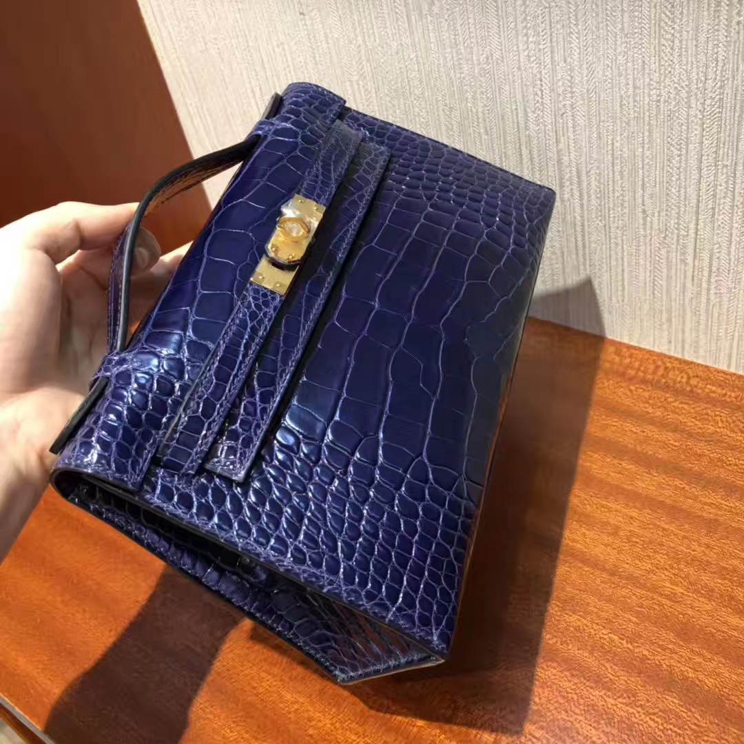 Hong Kong Hermes Minikelly Pochette M3墨水蓝Blue Encre 亮面方块 美洲鳄鱼