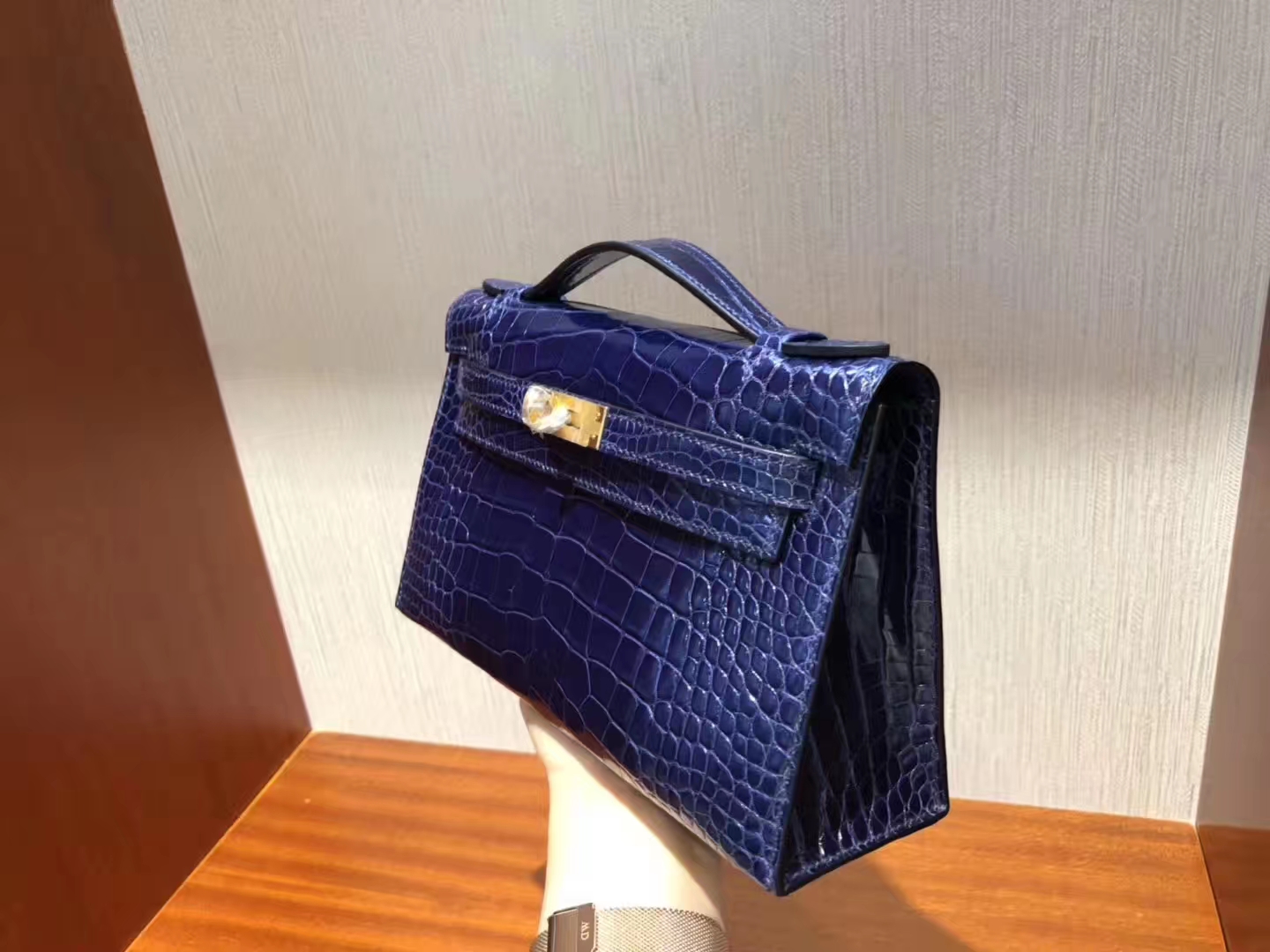 Hong Kong Hermes Minikelly Pochette M3墨水蓝Blue Encre 亮面方块 美洲鳄鱼